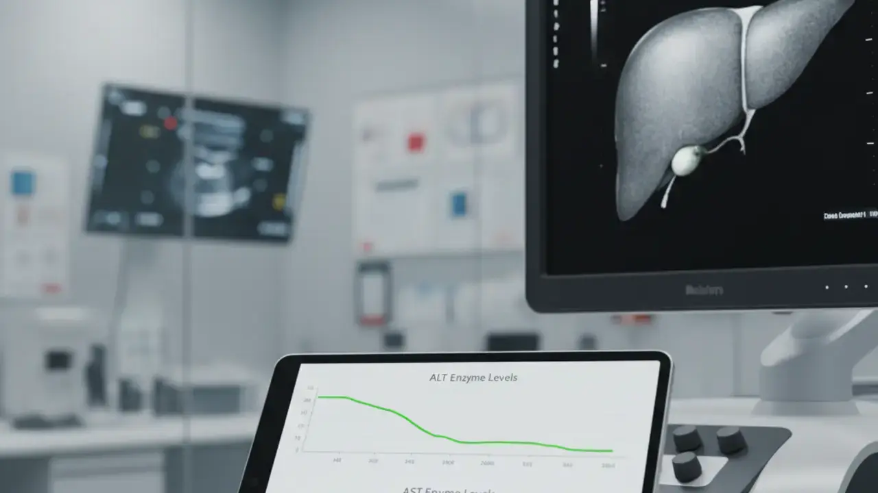 Tela de computador mostrando gráficos de monitoramento de marcadores hepáticos, indicando o uso de tecnologia avançada no acompanhamento da esteatose em pré-diabetes