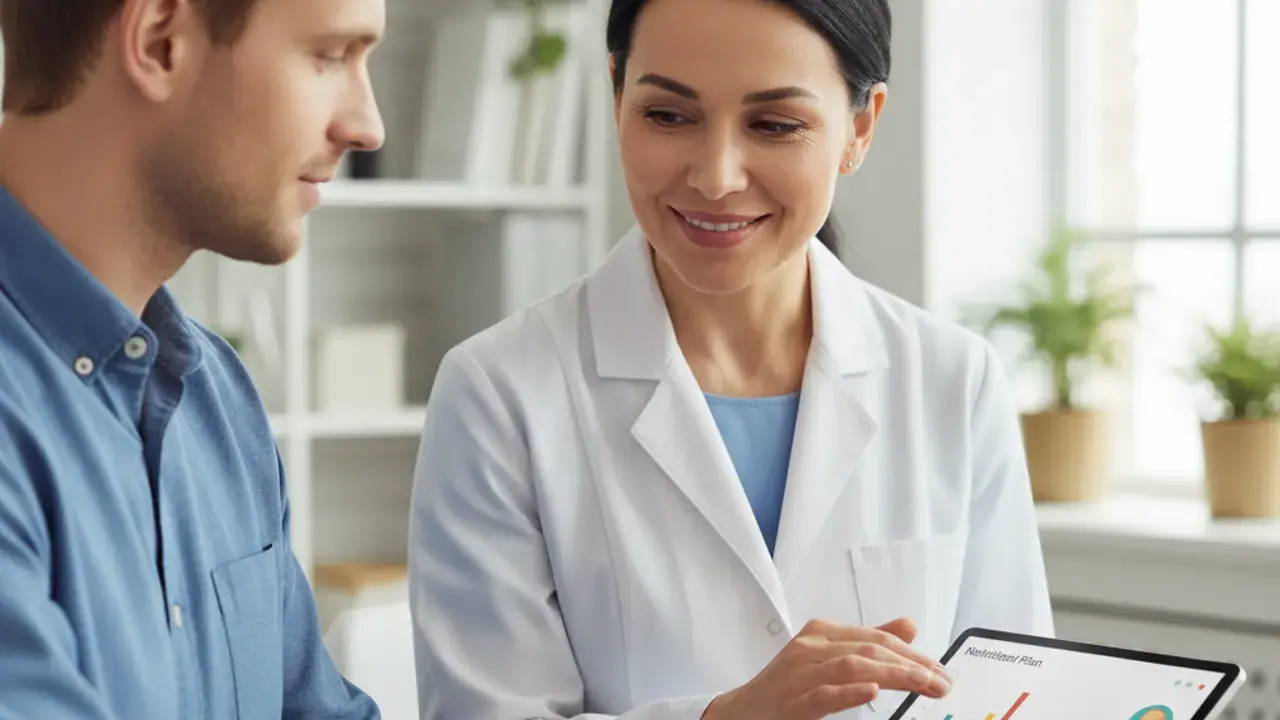 Profissional de saúde explicando um plano nutricional personalizado para prevenção de esteatose hepática em pacientes com pré-diabetes