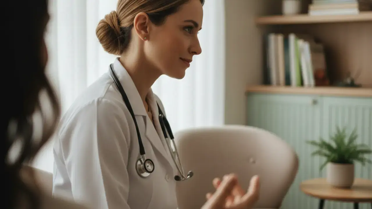 Dra. Roberta Miranda praticando escuta ativa em consulta nutrológica, mostrando empatia e atenção ao paciente para um suporte nutricional personalizado.